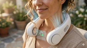 Illustration demonstrating the safety features of a bladeless neck fan to prevent hair entanglement.