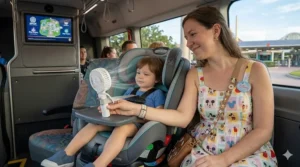 A blade-less handheld fan design shown as a safe cooling option for toddlers in Disney strollers.