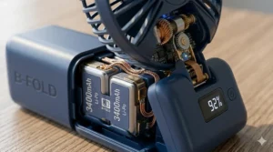 A commuter using a travel foldable handheld fan to stay cool while waiting for public transportation.