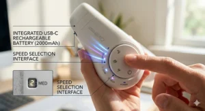 A scale showing the light weight of a portable neck fan compared to a standard smartphone.