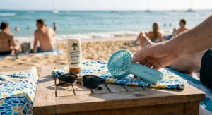 A USB-rechargeable handheld fan for travel plugged into a power bank at a busy airport terminal.