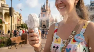 Illustration of a handheld fan with a water misting function to combat high humidity at Disney parks.