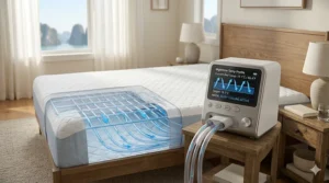 Diagram of an active water-based cooling mattress pad system with temperature controls.
