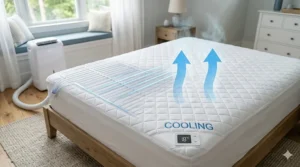Comparison chart between an active water-cooled mattress pad and a passive gel-infused cooling pad.