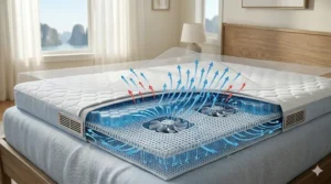 Graphic showing air circulation through a ventilated cooling pad to keep hot sleepers dry.