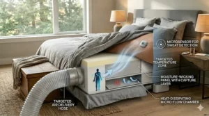 Infographic illustrating how a bed fan wicks away moisture and heat to prevent night sweats.