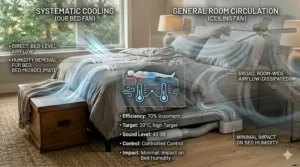Comparison chart showing why a targeted bed fan is more effective for hot sleepers than a standard ceiling fan.