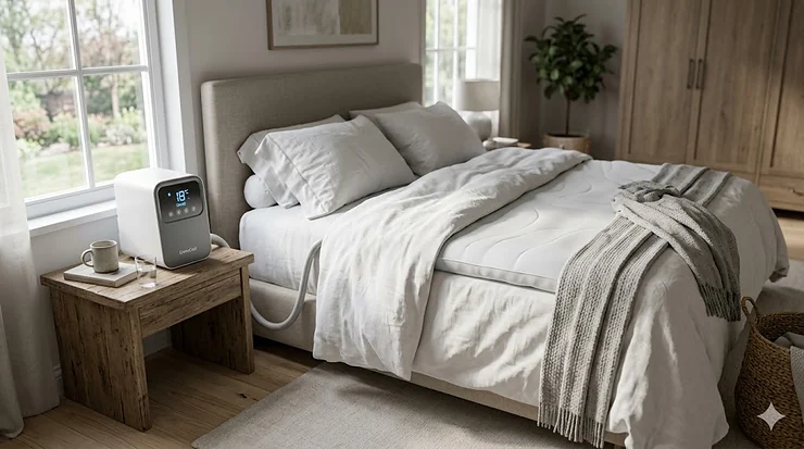 A premium ChiliPad alternative featuring a hydro-cooled mattress topper and a sleek bedside control unit for precise temperature regulation.