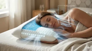 A side sleeper using a cooling pillow that maintains neck alignment while staying chilled.