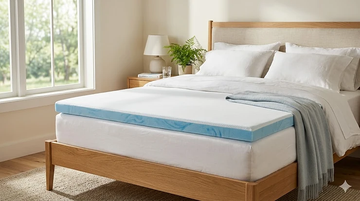 A plush gel cooling mattress topper on a modern bed with crisp white linens, highlighting the breathable blue-swirl cooling gel infusion.