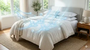 Diagram showing airflow through the layers of a cooling mattress pad to prevent heat trapping.