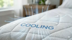 Illustration showing the cross-section of a breathable cooling mattress pad with arrows indicating airflow for temperature control.