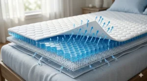A cross-section diagram of the breathable mesh and gel layers in a cooling mattress pad.