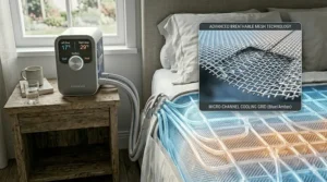 Close-up illustration of a breathable mesh cooling mattress topper designed for maximum airflow and heat dissipation.