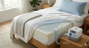 Cross-section diagram of a water cooling mattress pad highlighting the breathable fabric and internal micro-tubing.