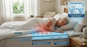 Illustration showing the moisture-wicking layers of a cooling mattress pad for menopause night sweats.