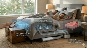 Diagram of a split-king bed showing independent cooling zones for two different sleepers.