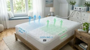 Illustration of a dual-zone cooling mattress pad allowing different temperature settings for couples with night sweats.