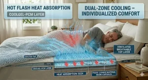 Illustration of a dual-zone cooling mattress pad allowing individual temperature control for menopause relief.