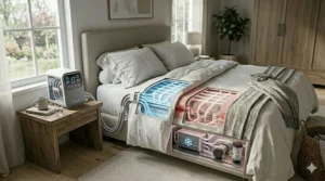 A dual-zone mattress cooler setup allowing two sleepers to set individual temperature preferences on each side of the bed.