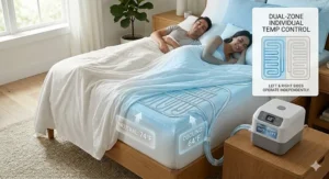 Illustration of a split-zone cooling mattress pad allowing two sleepers to set different temperatures on each side.