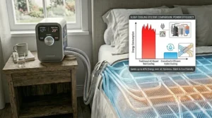 A comparison illustration of an efficient sleep cooling system showing the power-saving benefits of water-based cooling over traditional AC.