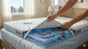 Illustration showing how to easily fit a cooling mattress pad over a thick bed for a secure fit.