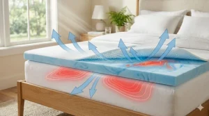 Diagram showing how a gel cooling mattress topper dissipates body heat and promotes airflow for a cooler sleep surface.