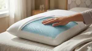 Close-up of a blue cooling gel layer on top of a premium memory foam pillow.