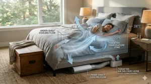 Illustration showing the flow of cool air from a bed fan beneath the sheets to regulate body temperature.