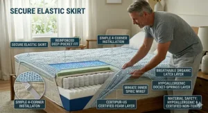 Illustration highlighting non-toxic and hypoallergenic materials used in a high-quality cooling mattress pad.