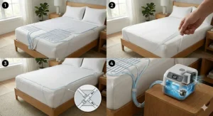 Step-by-step graphic showing how to secure the cooling pad to a mattress using elastic straps.