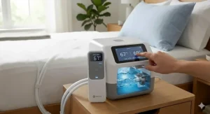 Close-up illustration of a digital remote showing temperature adjustments for a water-cooled bed system.