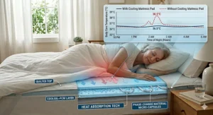 A comparison chart showing stable body temperature with a cooling mattress pad versus heat spikes without one.