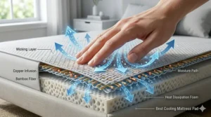 Close-up illustration of bamboo and copper-infused fabric wicking away sweat from a sleeper.