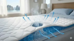 Close-up illustration of moisture-wicking fabric used in mattress pads for night sweats.