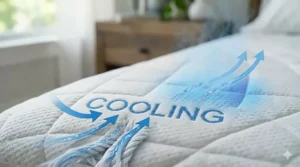 Close-up illustration of moisture-wicking fabric drawing sweat away from the body to keep sleepers dry.