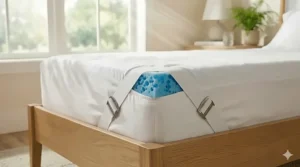 Close-up of the elastic corner straps that secure the gel cooling mattress topper to prevent sliding during the night.