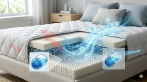 Illustration of Phase Change Material (PCM) absorbing and releasing body heat for a constant cool surface.