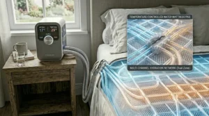 A temperature-controlled water mattress pad being fitted onto a mattress to show its low-profile and secure design.