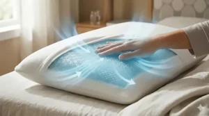 Close-up of punched ventilation holes in a solid memory foam pillow for better breathability.
