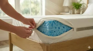 A person unzipping the breathable, machine-washable bamboo cover of a gel cooling mattress topper.