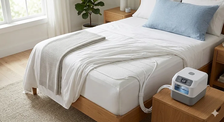 A modern bedroom featuring a water cooling mattress pad layered on a bed with the control unit visible on a nightstand.