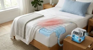 Illustration showing how water flows from the cooling unit through the mattress pad tubes to regulate temperature.