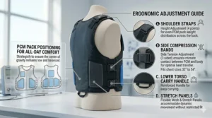 Illustration highlighting the adjustable side straps and ergonomic design of a phase change cooling vest for a secure fit.