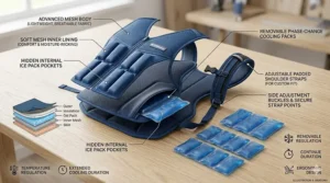A product anatomy illustration showing the lightweight fabric, adjustable straps, and hidden ice pack pockets of an MS cooling vest.