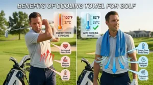 Infographic showing temperature reduction benefits of a cooling towel for golf.