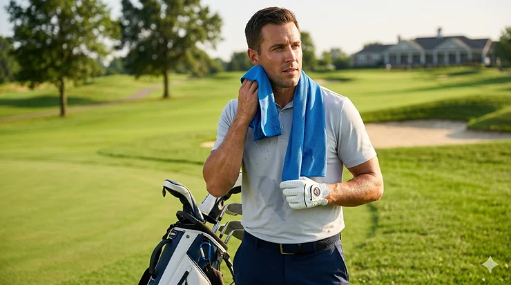 Golfer using a blue cooling towel for golf on a sunny course