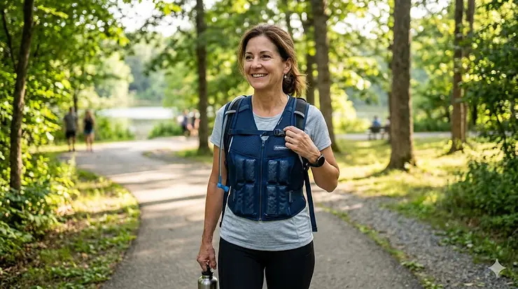 An active individual smiling while wearing a high-quality cooling vest for multiple sclerosis during a sunny day outdoors.