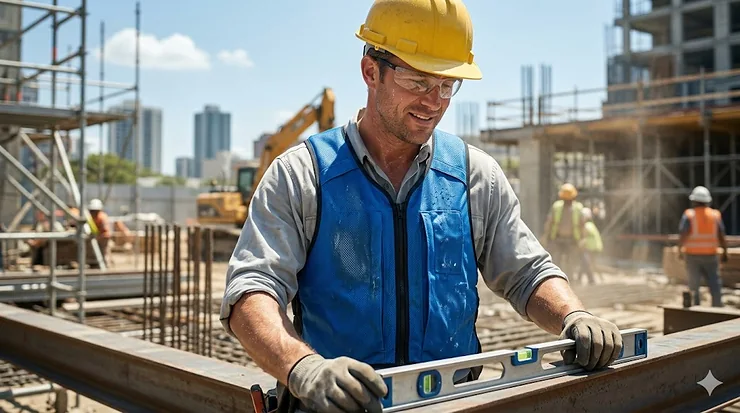 A construction worker wearing a high-performance blue evaporative cooling vest while working outdoors in the sun.
